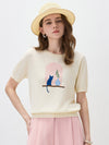 COMOBOCA Cream Women's Ribbed Intarsia Knit T-Shirt