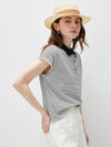 Women’s Mulberry Silk Knit Polo T-Shirt with Contrast Striped