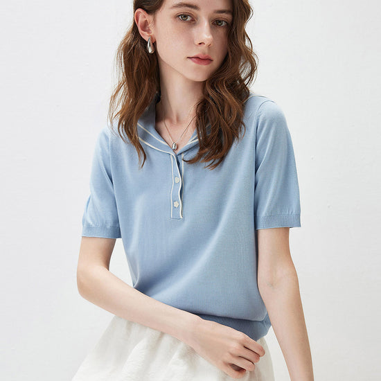 COMOBOCA Women's Sailor Collar Contrast Trim Knit Polo T-Shirt
