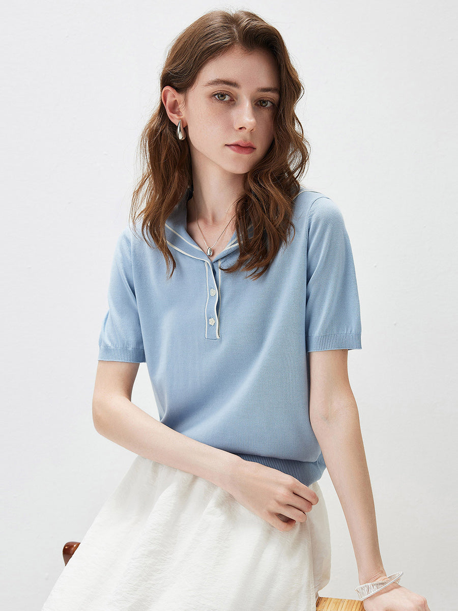 COMOBOCA Women's Sailor Collar Contrast Trim Knit Polo T-Shirt