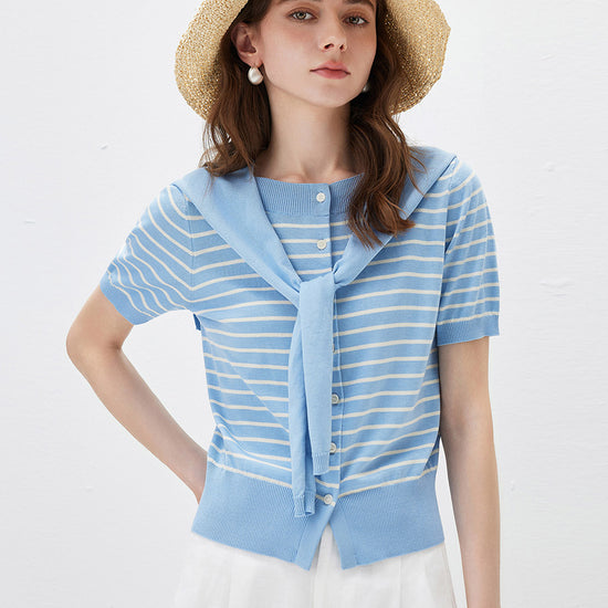 COMOBOCA Women's Striped Short Sleeve Knit Cardigan