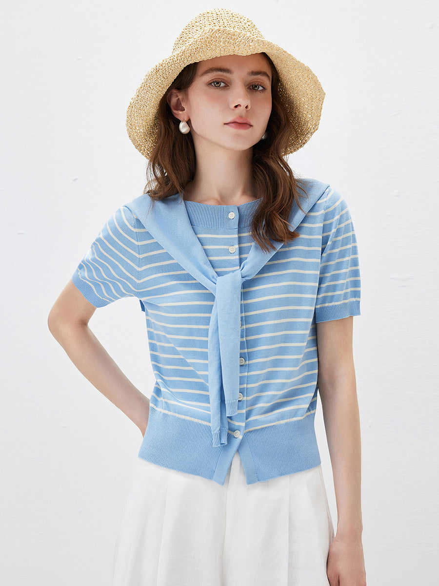 COMOBOCA Women's Striped Short Sleeve Knit Cardigan