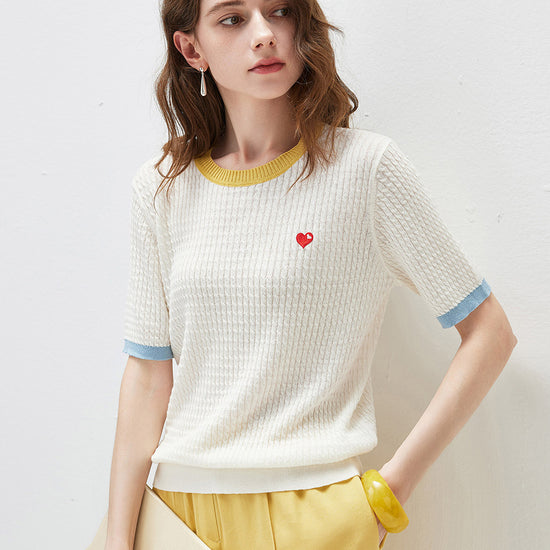 COMOBOCA Women's Wavy Textured Ribbed Knit T-Shirt