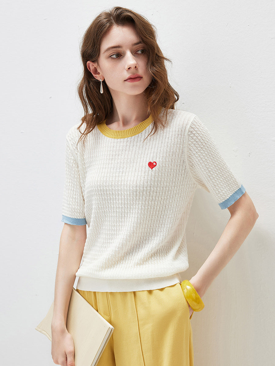 COMOBOCA Women's Wavy Textured Ribbed Knit T-Shirt
