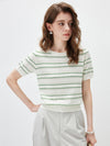 Women's Silk-Cotton Jacquard Stripe Knit Crew Neck Short Sleeve T-Shirt
