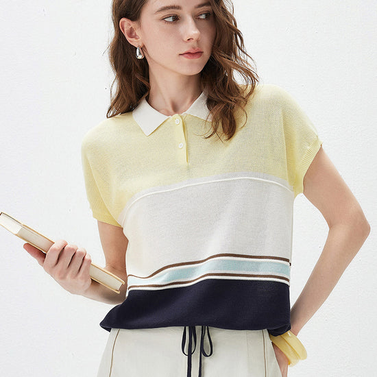 COMOBOCA Women's Color Block Striped Polo Knit T-Shirt