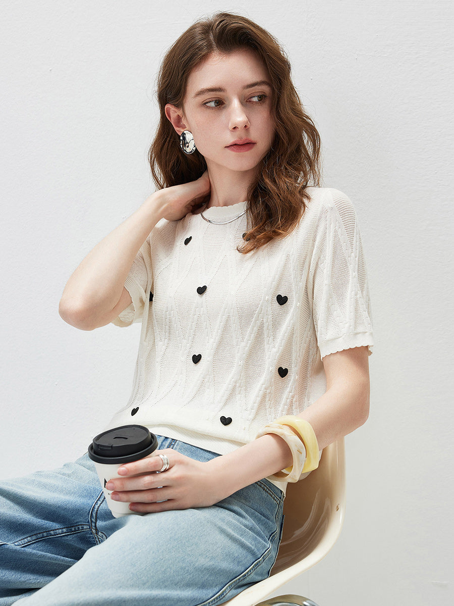 COMOBOCA Women's Heart Appliques Diamond Knit Top