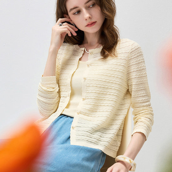 COMOBOCA Women's Scalloped Pointelle Knit Cardigan