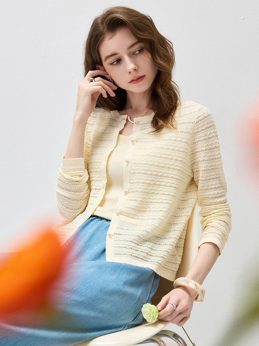 COMOBOCA Women's Scalloped Pointelle Knit Cardigan