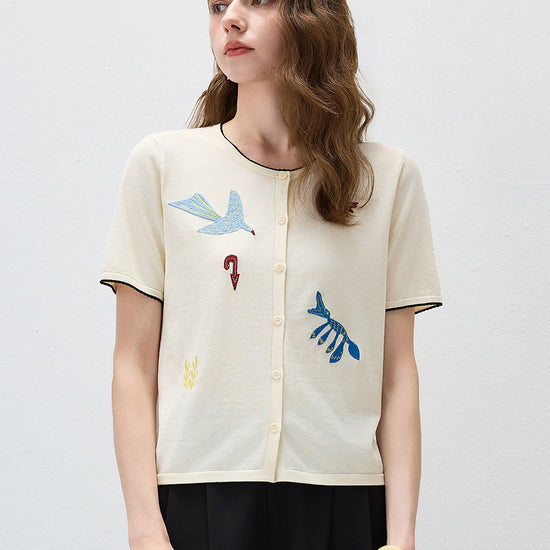 COMOBOCA Women's Embroidered Short Sleeve Cardigan