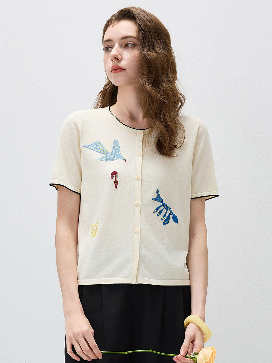 COMOBOCA Women's Embroidered Short Sleeve Cardigan