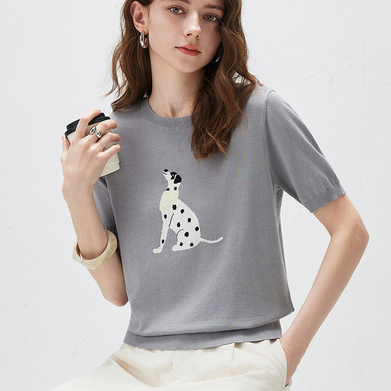 COMOBOCA Women's Dalmatian Intarsia Knit T-Shirt