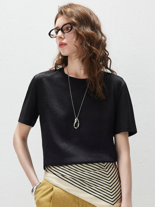 Women's Crew Neck Tonal Jacquard Short Sleeve T-Shirt