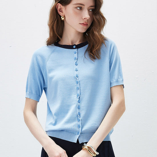 COMOBOCA Blue Women's Contrast Trim Button Front Knit Cardigan