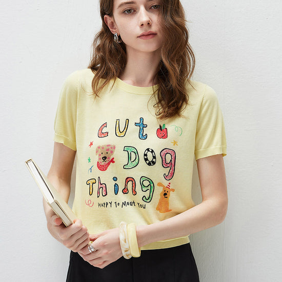 COMOBOCA Women's Ribbed Graphic Print Knit T-Shirt