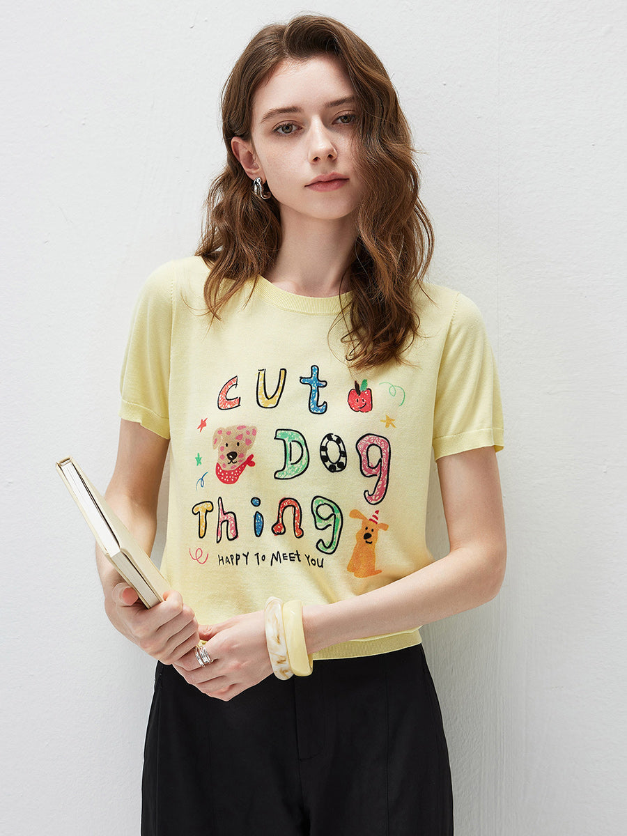 COMOBOCA Women's Ribbed Graphic Print Knit T-Shirt