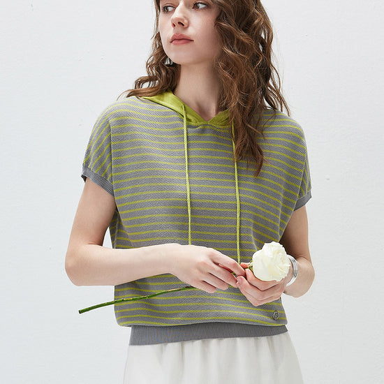 COMOBOCA Women's Striped Contrast Hooded Knit T-Shirt