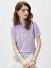 Women's Silk-Cotton Blend Peter Pan Collar Pointelle Knit Short Sleeve Top