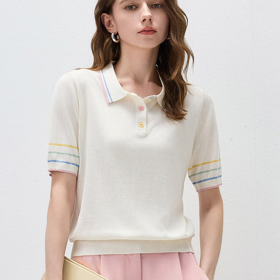 COMOBOCA Women's Knit Polo Top with Rainbow Stripes