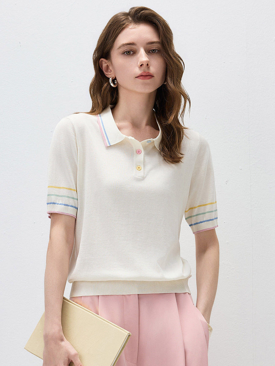 COMOBOCA Women's Knit Polo Top with Rainbow Stripes