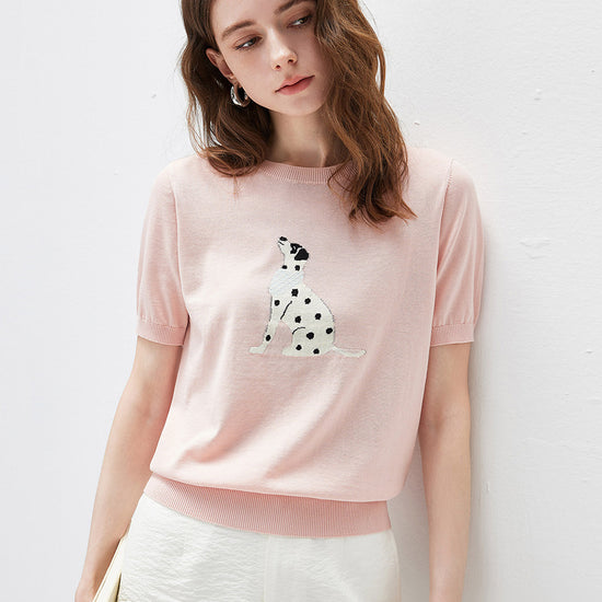 COMOBOCA Women's Dalmatian Intarsia Knit T-Shirt