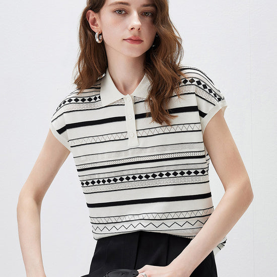 COMOBOCA Women's Geometric Stripe Polo Knit T-Shirt