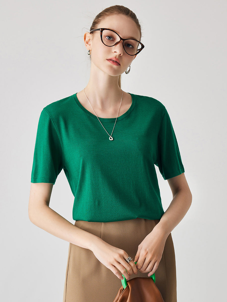 COMOBOCA Green Women's Essential Round Neck Knit T-Shirt