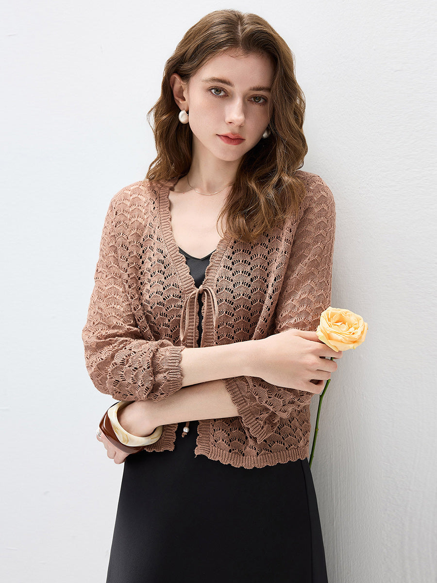 COMOBOCA Women's Linen Lace Knit Tie Front Cardigan