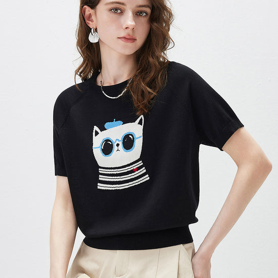 COMOBOCA Women's Cartoon Animal Intarsia Knit T-Shirt