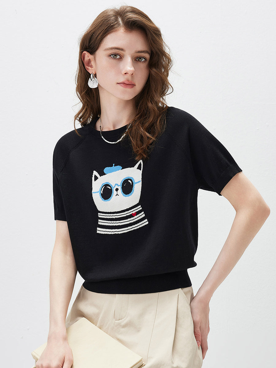 COMOBOCA Women's Cartoon Animal Intarsia Knit T-Shirt