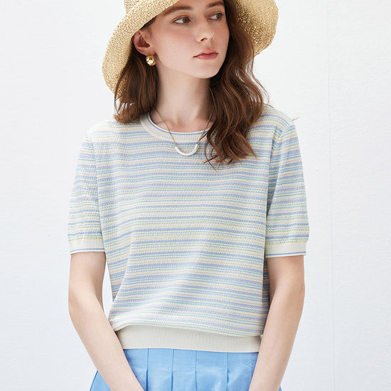 COMOBOCA Women's Pastel Marled Stripe Openwork Knit T-Shirt
