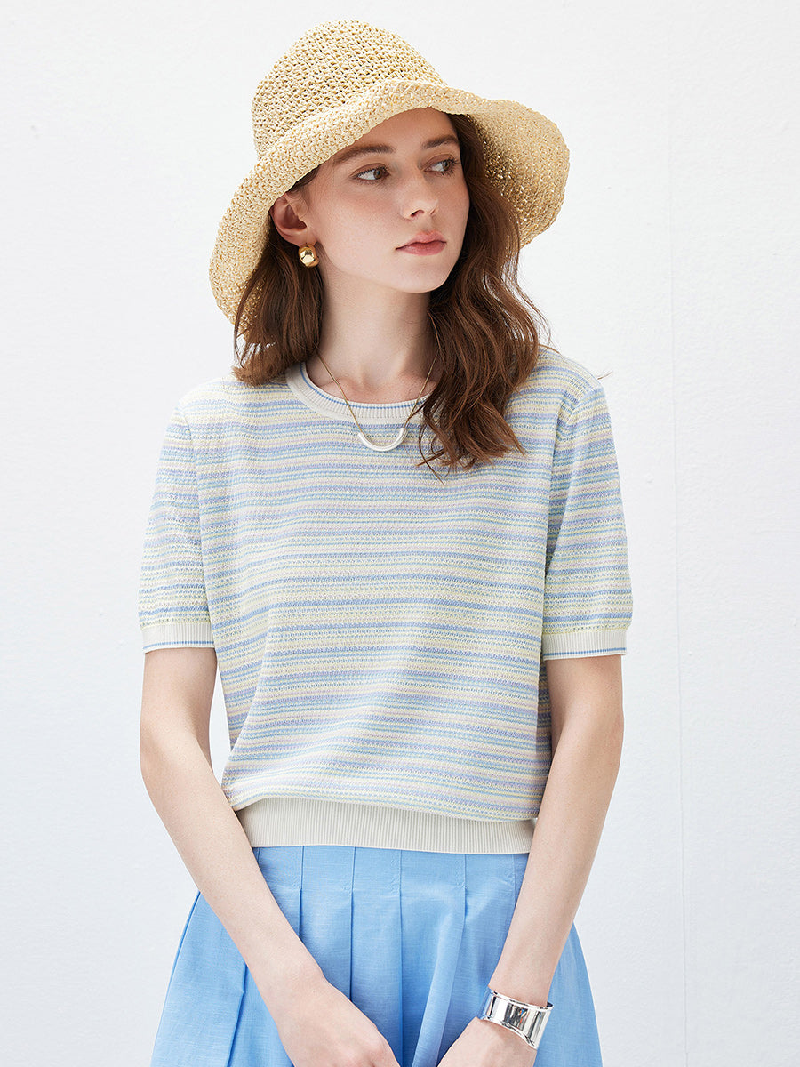 COMOBOCA Women's Pastel Marled Stripe Openwork Knit T-Shirt