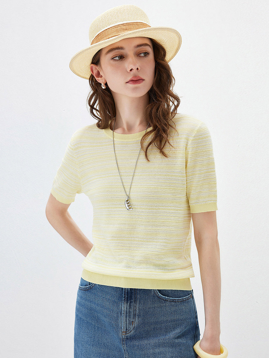 COMOBOCA Women's Ribbed Fine Stripe Knit T-Shirt