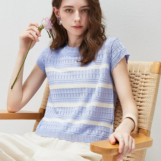 COMOBOCA Women's Cap Sleeve Striped Openwork Knit T-Shirt