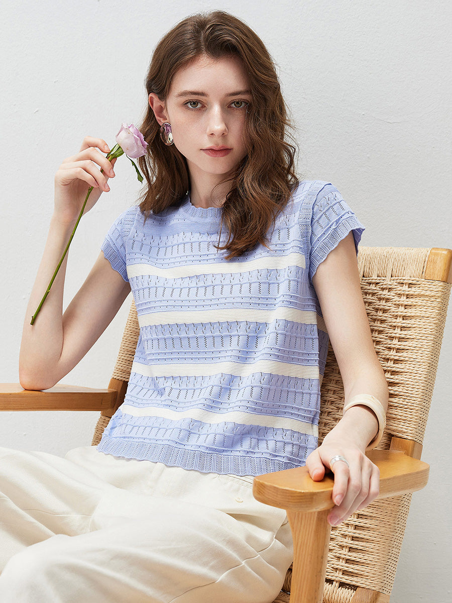 COMOBOCA Women's Cap Sleeve Striped Openwork Knit T-Shirt