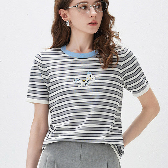 COMOBOCA Striped Women's Embroidery Striped Knit Top