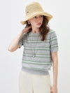Women's Silk-Cotton Jacquard Stripe Knit Crew Neck Short Sleeve T-Shirt