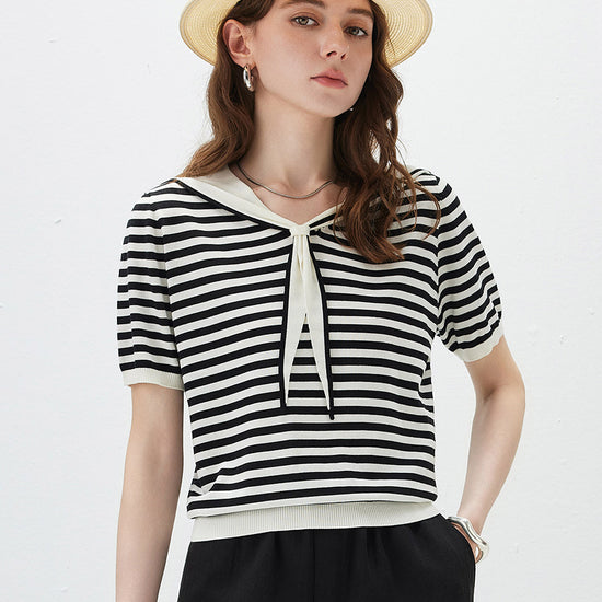 COMOBOCA Striped Women's Striped Sailor Collar Knit Top