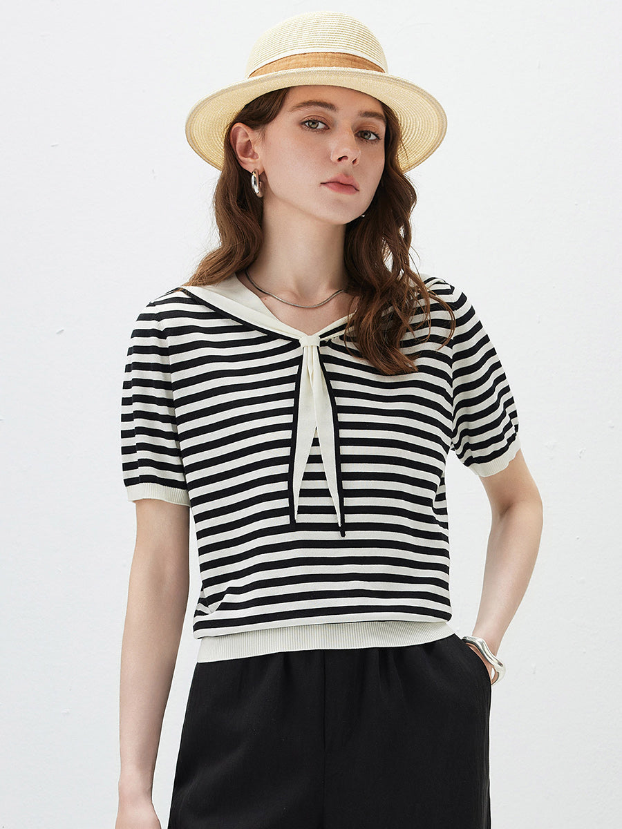 COMOBOCA Striped Women's Striped Sailor Collar Knit Top