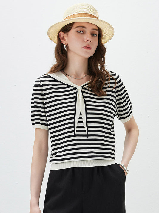 COMOBOCA Striped Women's Striped Sailor Collar Knit Top