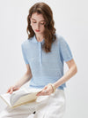 Women's Silk-Cotton Blend Peter Pan Collar Pointelle Knit Short Sleeve Top