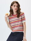 Women’s Crew Neck Silk-Cotton Jacquard Striped Short-Sleeve Knit T-shirt