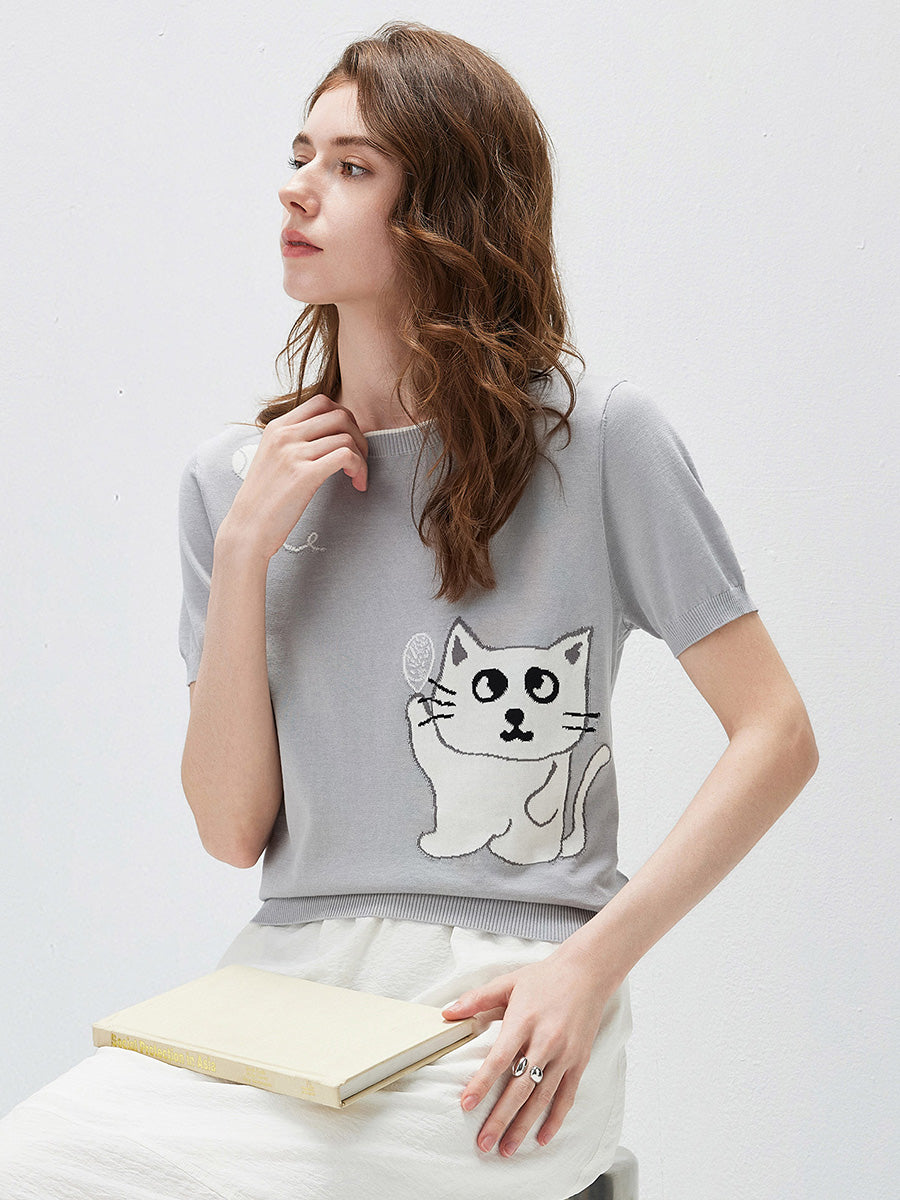COMOBOCA Women's Cat And Tennis Intarsia Knit T-Shirt