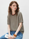 100% Silk Women's  Vintage Print Crew Neck Short Sleeve T-Shirt