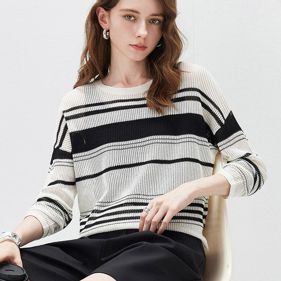 COMOBOCA Women's Asymmetric Stripe Mesh Knit Round Neck Sweater