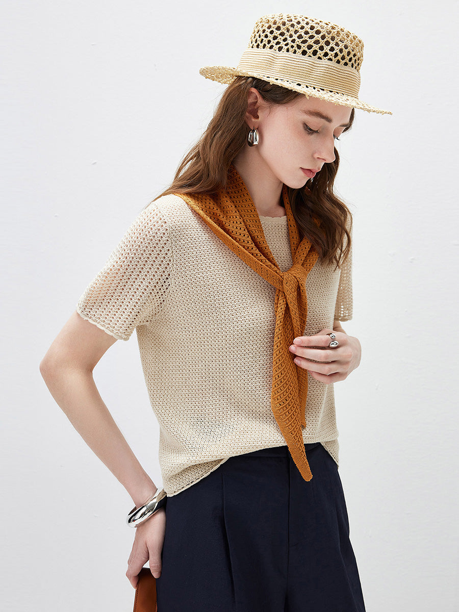 COMOBOCA Women's Openwork Round Neck Knit T-Shirt