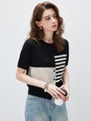 Women’s Round Neck Mulberry Silk Blend Contrast Color Striped Knitted Cardigan