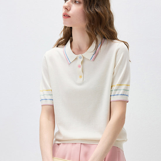 COMOBOCA Women's Knit Polo Top with Rainbow Stripes