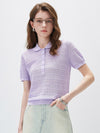 Women's Silk-Cotton Blend Peter Pan Collar Pointelle Knit Short Sleeve Top