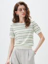 Women's Silk-Cotton Jacquard Stripe Knit Crew Neck Short Sleeve T-Shirt